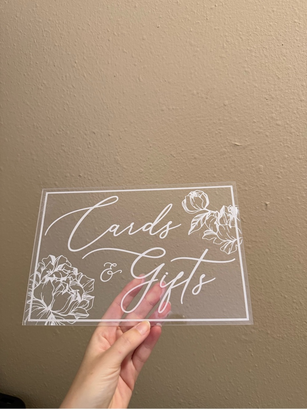 Cards and Gifts Clear Acrylic Sign with White Floral Script